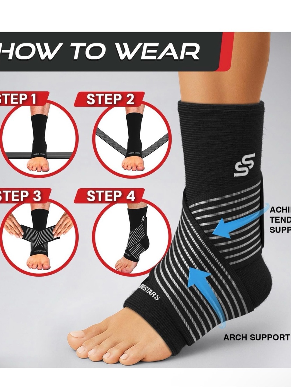 Ankle Compression Sleeve with Arch Support - Black